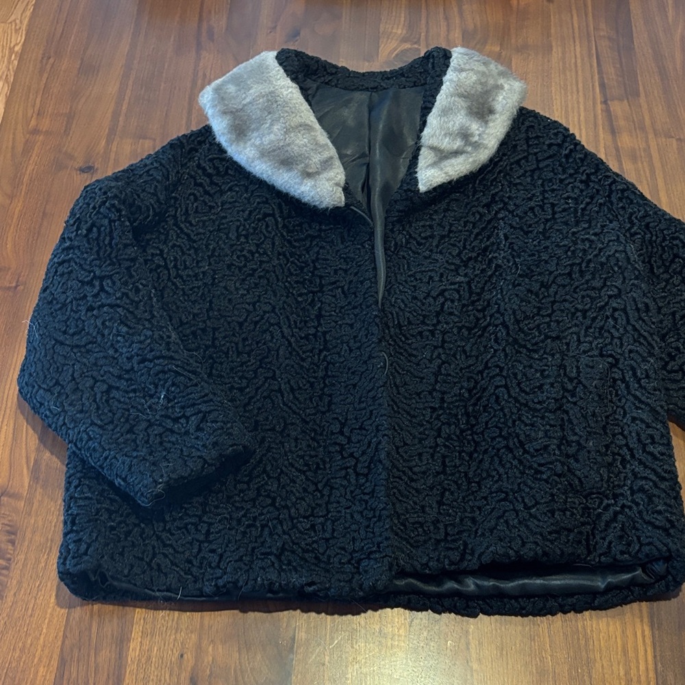 Vintage Black Persian Lamb Jacket with Gray Collar